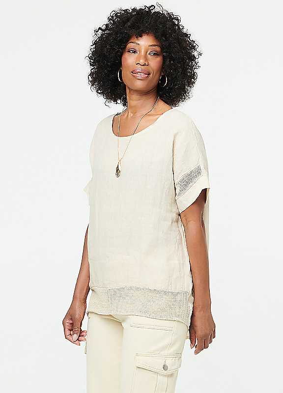 Izabel London Light Relaxed Mesh Trim 1/2 Sleeve Top - 16 - Linen - Image 3