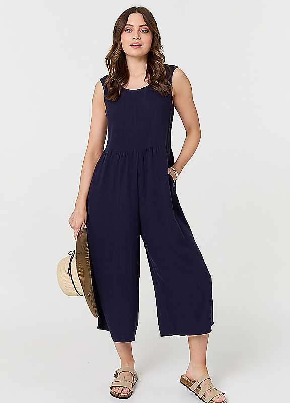 Izabel London Navy Relaxed Sleeveless Wide Crop Jumpsuit