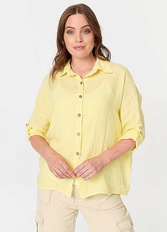 Izabel London Women's Yellow Relaxed 3/4 Sleeve Button Front Shirt In | : Large - Image 3