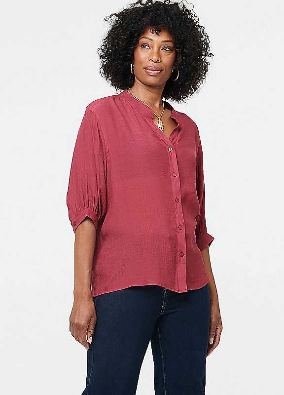 Izabel London Women's Burgundy Relaxed 3/4 Sleeve Collarless Shirt In Size 14 - Image 2