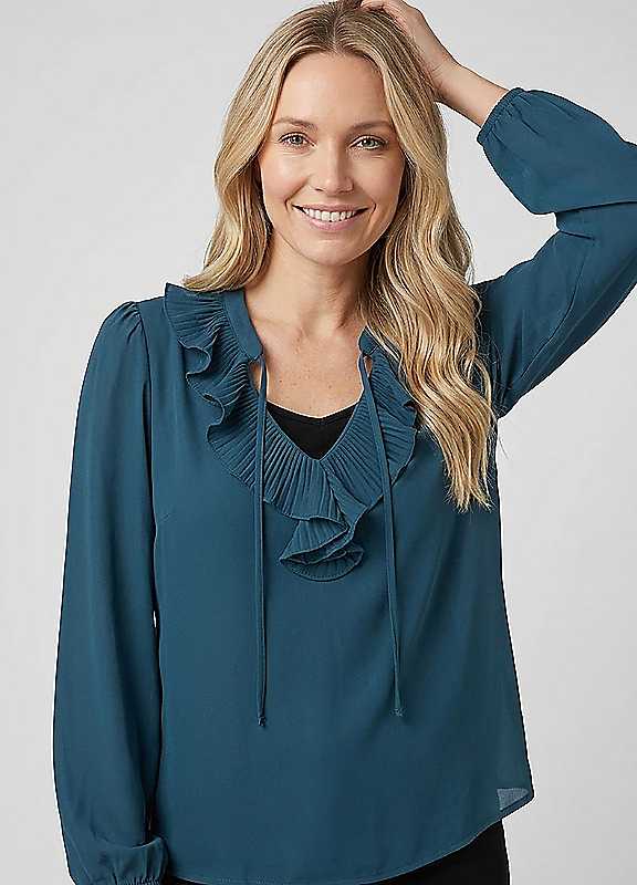 Izabel London Women's Ruffle Front Long Sleeve Blouse in Teal | Size: 14 - Image 2