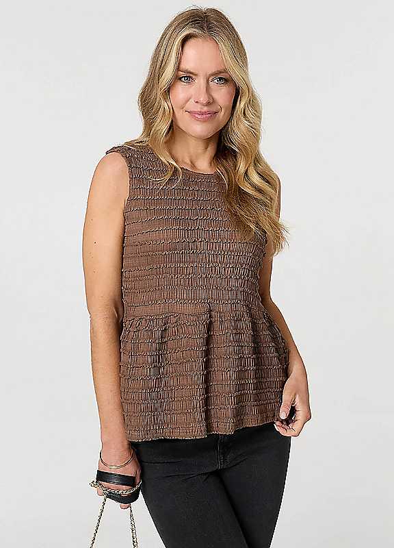 Izabel London Brown Ruffled Sleeveless Peplum Top - 10 - Image 3