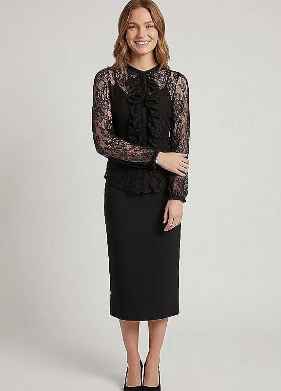 Izabel London Women's Semi Sheer Lace Ruffle Front Blouse in Black | Size: 16 - Image 2