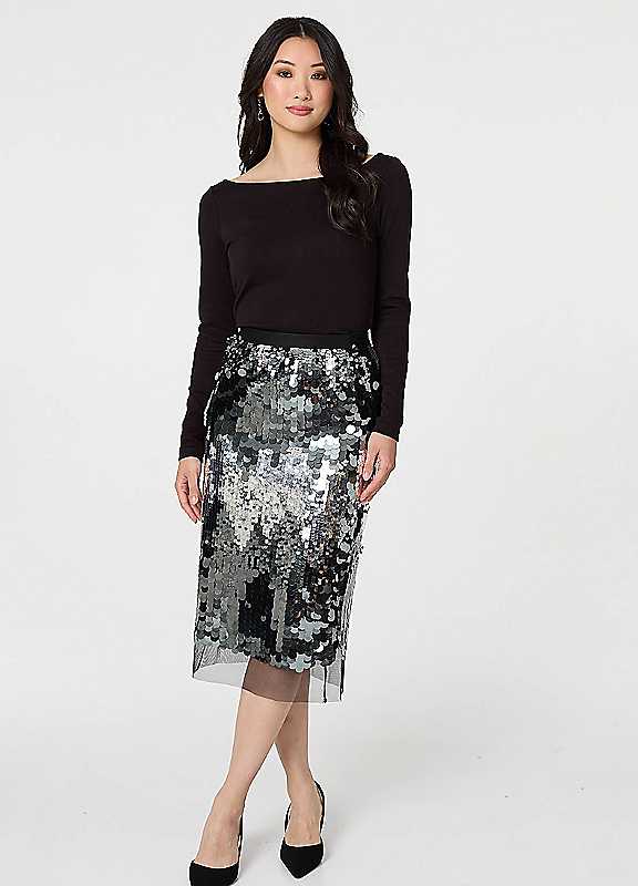 Izabel London Green Sequin Embellished Mesh Layer Midi Skirt