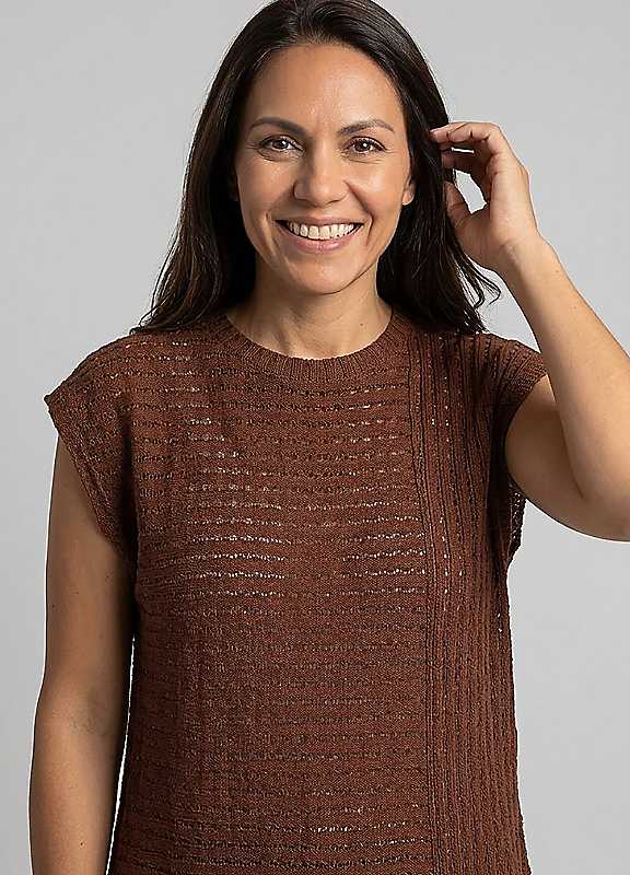 Izabel London Brown Sheer Mesh Texture Cap Sleeve Top - 10 - Image 2