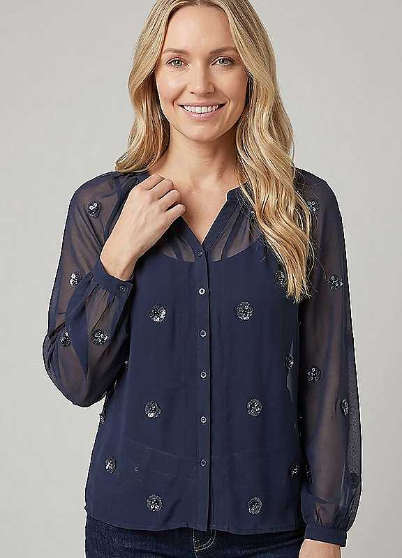 Izabel London Women's Sheer Sequin Embellished Blouse in Navy | Size: 14 - Image 2