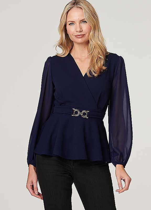 Izabel London Navy Sheer Sleeve Wrap Front Blouse Size 10