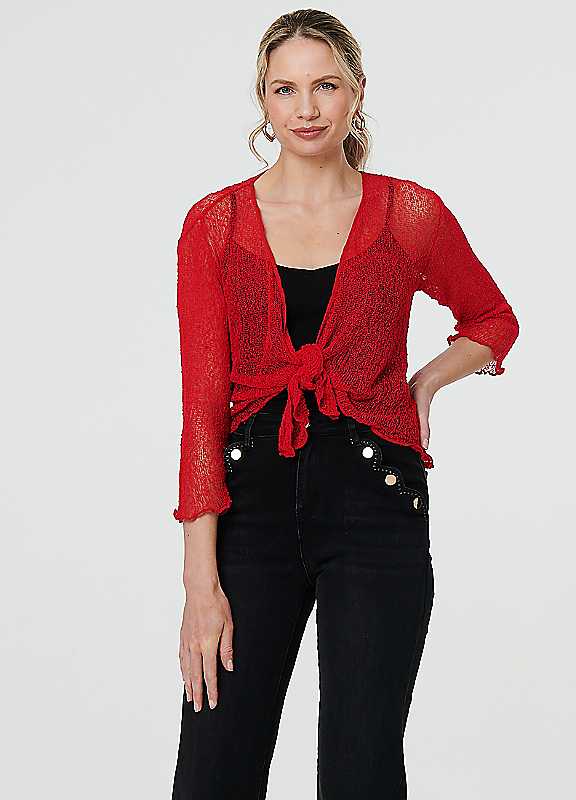 Izabel London Red Sheer Three Quarter Sleeve Open Front Cardigan