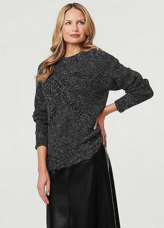 Izabel London Grey Sparkle Texture Bow Print Jumper - S - Image 2