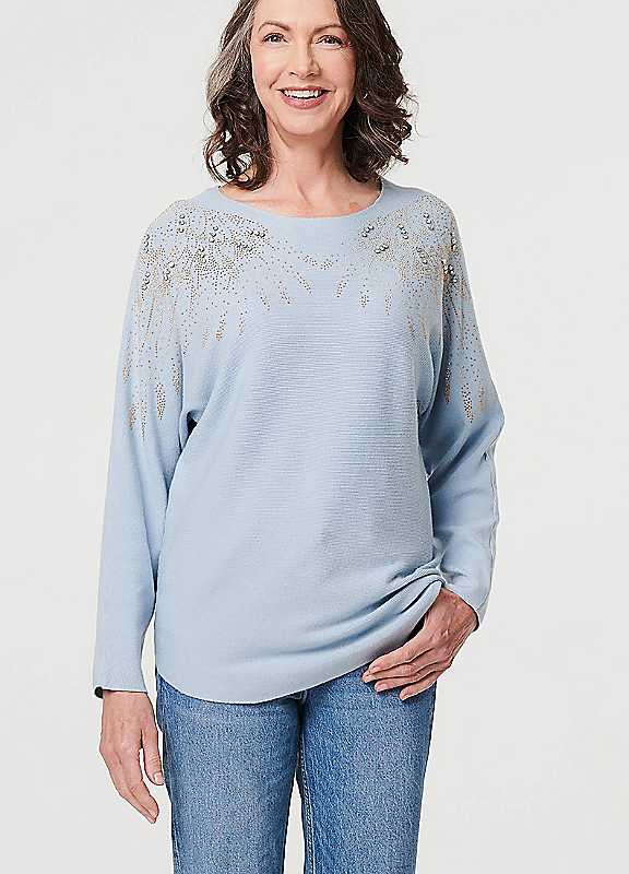 Izabel London Blue Sparkly Embellished Relaxed Jumper