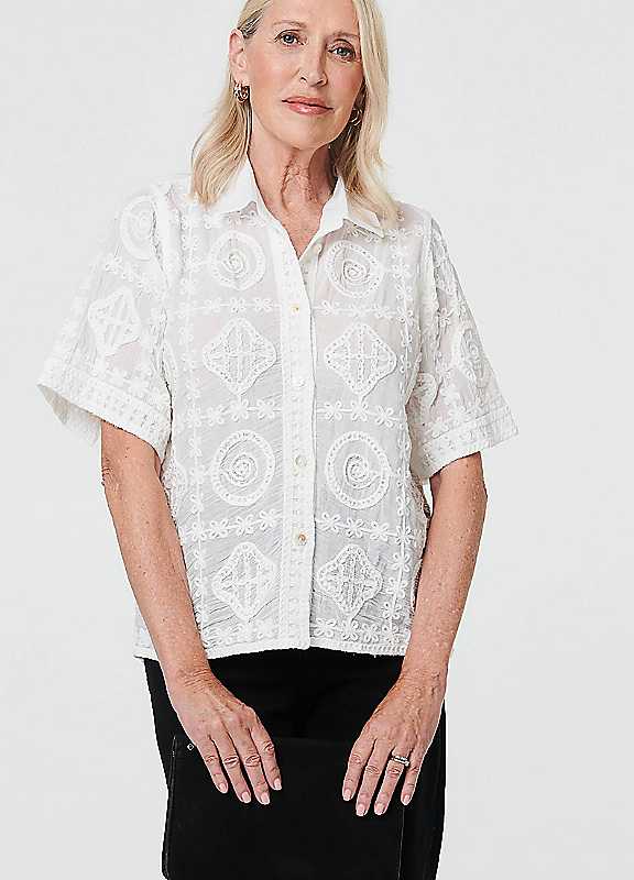 Izabel London Women's Sparkly Embroidered Texture Shirt in White | Size: Medium/Large - Image 3