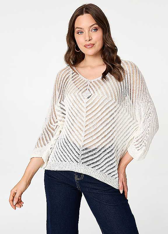 Izabel London Women's Sparkly Sheer Mesh 3/4 Sleeve Top in White | Size: Small/Medium - Image 3