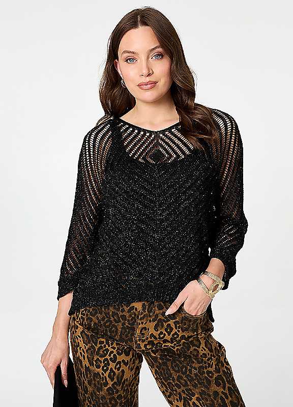 Izabel London Women's Black Sparkly Sheer Mesh 3/4 Sleeve Top In | : Large - Image 3