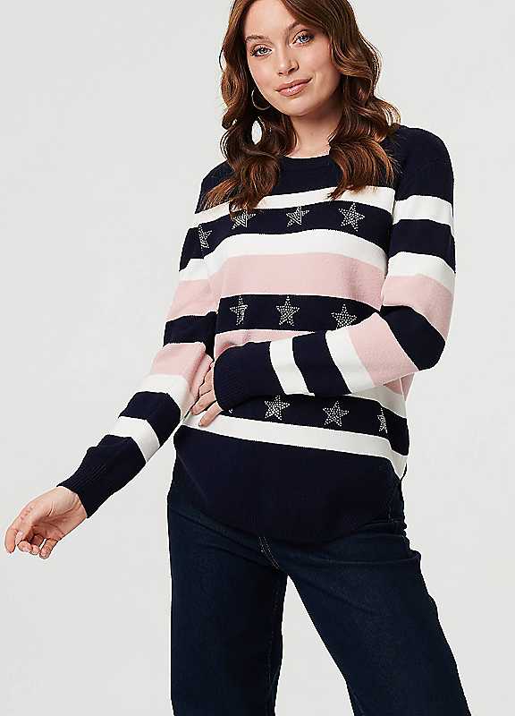 Izabel London Navy Multi Sparkly Star Embellished Stripe Jumper