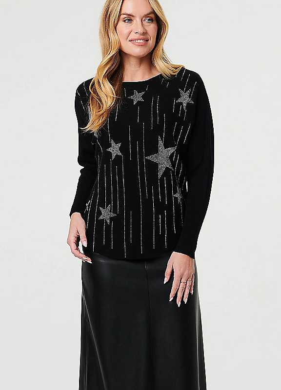 Izabel London Black Sparkly Star Front Batwing Sleeve Jumper