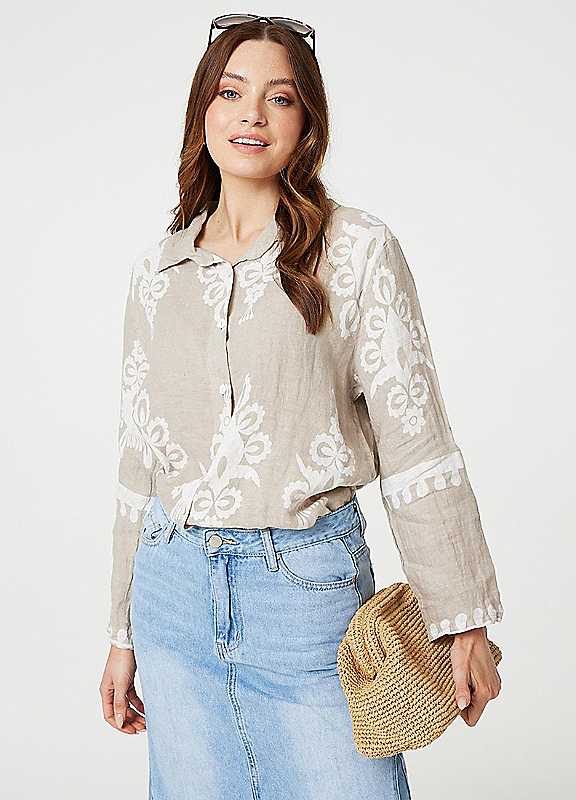 Izabel London Stone Printed Oversized Button Down Shirt Denim