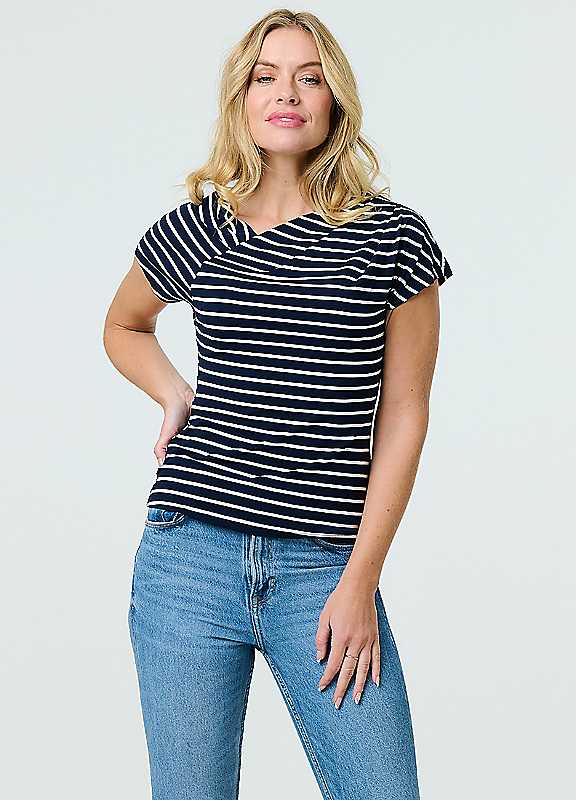 Izabel London Navy Multi Striped Asymmetric Short Sleeve Top Size 18