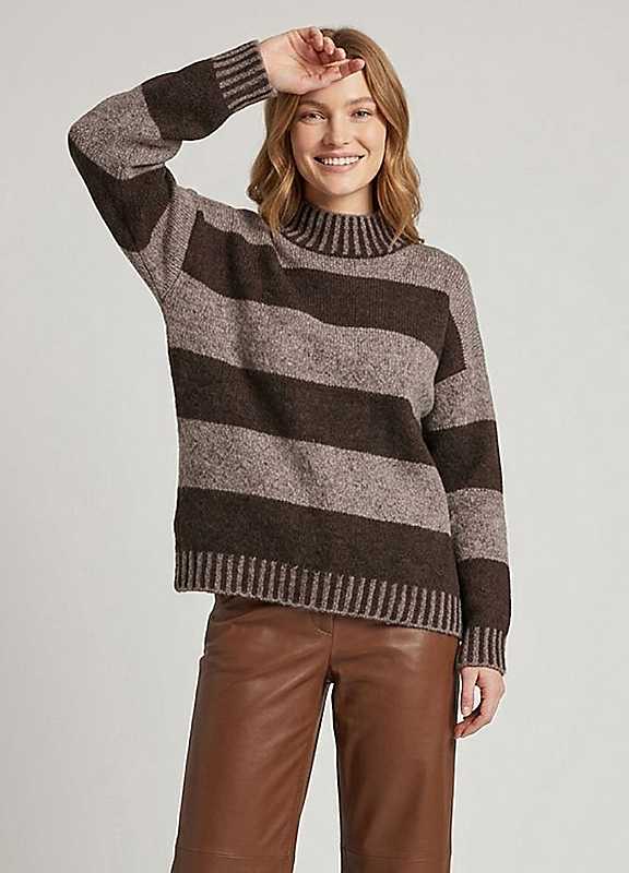Izabel London Women's Brown Striped Drop Shoulder High Neck Jumper In | Size: Small/Medium - Image 2