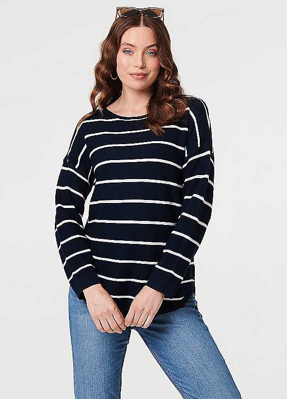 Izabel London Navy Striped Drop Shoulder Long Sleeve Top