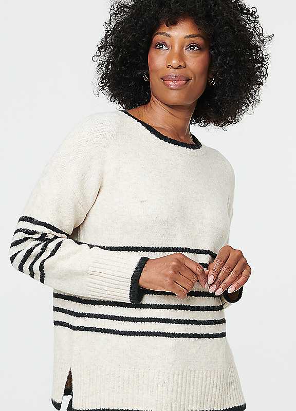 Izabel London Cream Striped Drop Shoulder Textured Jumper - M - Image 2