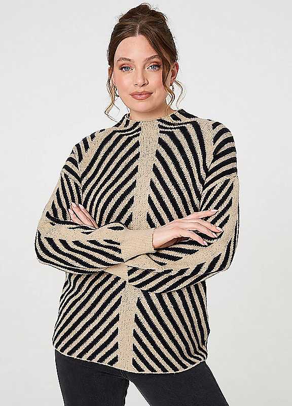 Izabel London Beige Striped High Neck Drop Shoulder Jumper