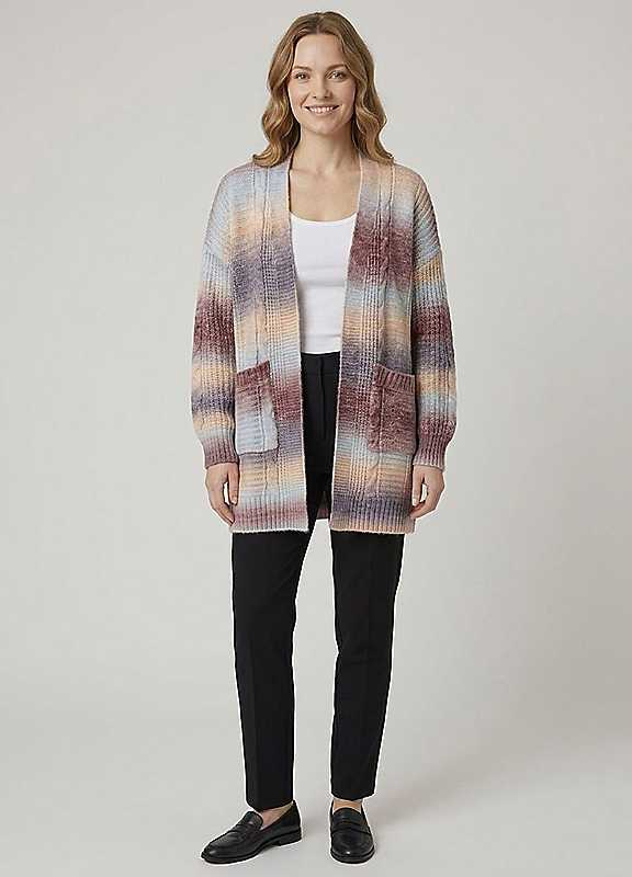 Izabel London Women's Brown Striped Open Front Longline Cardigan In | Size: Medium/Large - Image 5