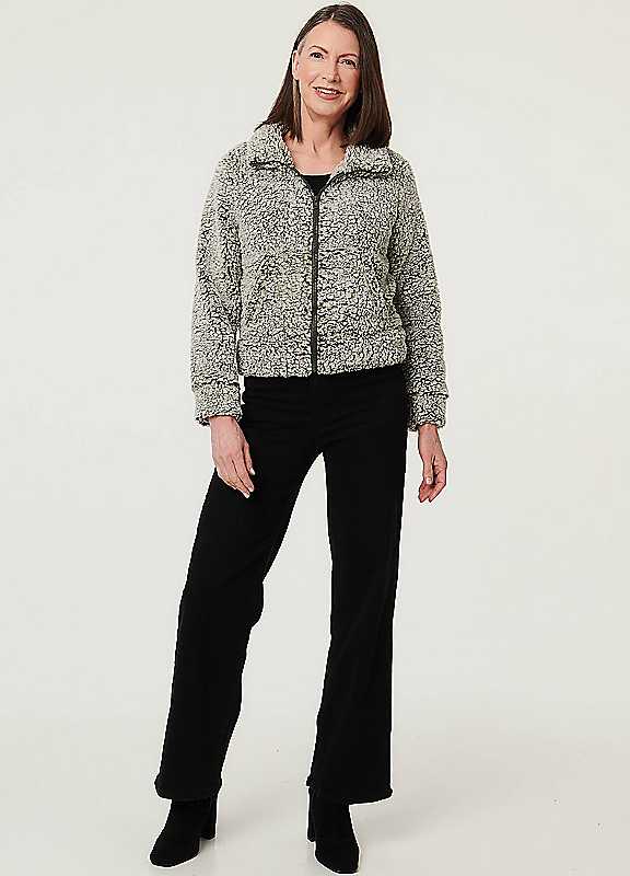 Izabel London Women's Khaki Teddy Textured Relaxed Zip-Up Jacket In | : Size 10 - Image 2