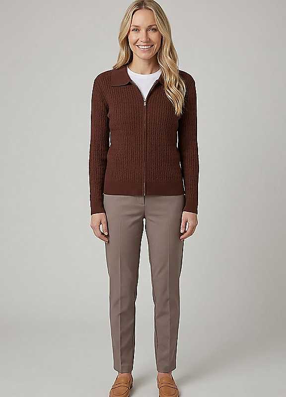 Izabel London Women's Brown Textured Collared Zip-Up Slim Cardigan In | Size: Medium/Large - Image 5