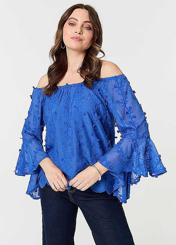 Izabel London Blue Textured Semi Sheer Bardot Blouse Size 10