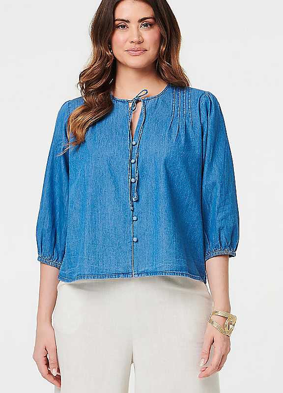 Izabel London Women's Blue 3/4 Sleeve Tie Front V-Neck Blouse In | Size: 16 - Image 4