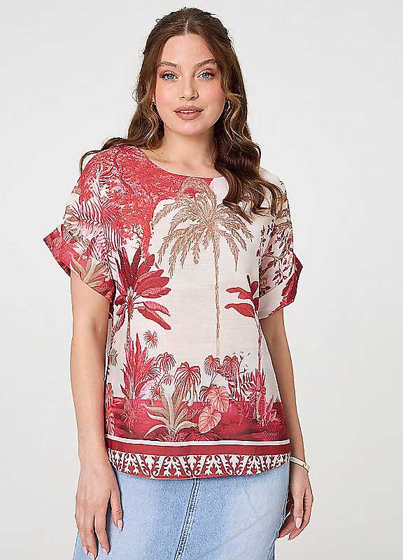 Freemans Red Multi Izabel London Tropical Print Short Sleeve Relaxed Top