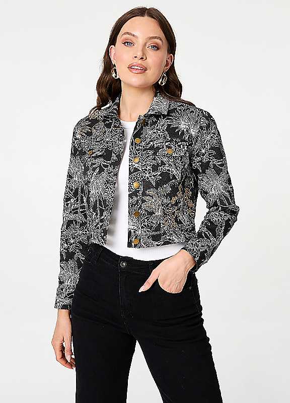 Izabel London Black Tropical Print Textured Cropped Jacket - 14 - Image 2