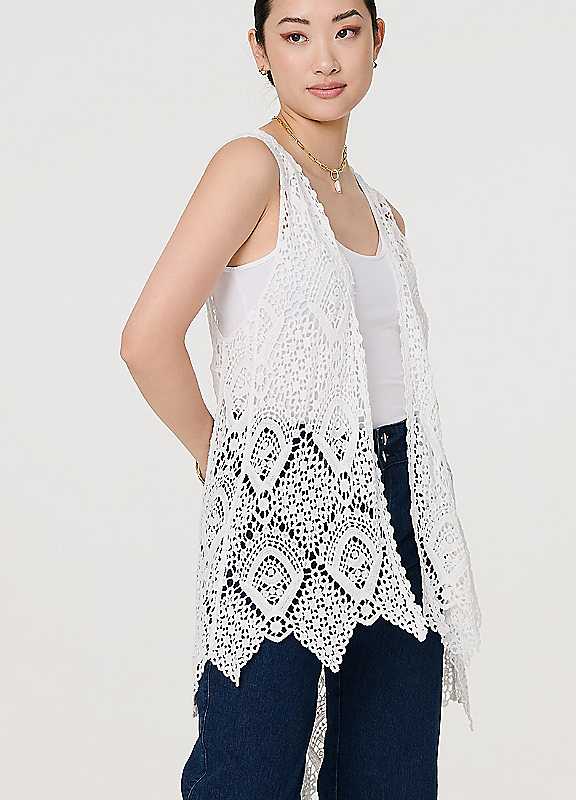 Izabel London White Lace Open Front High Low Cardigan