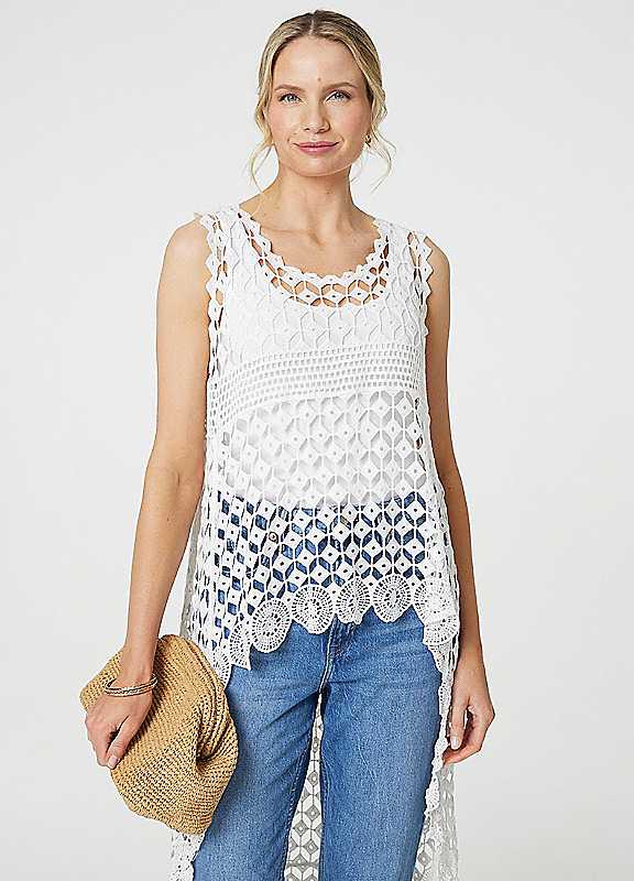 Izabel London White Lace Sleeveless High Low Top