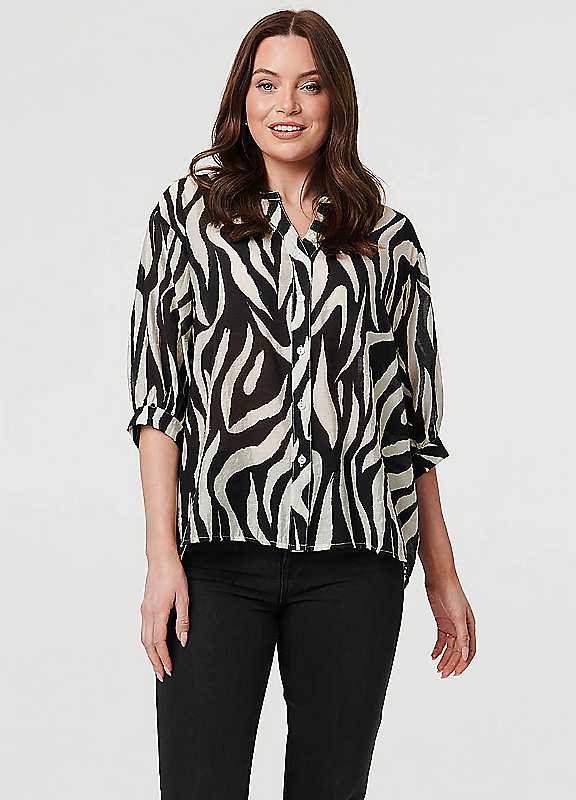 Izabel London Women's Black Zebra Print 3/4 Sleeve Collarless Shirt In | Size: 16 - Image 3