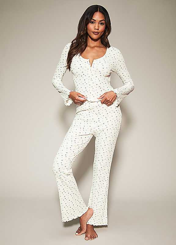 Knickerbox Ivory Floral Ribbed Long Sleeve Pyjama Top & Trouser Set, 18 - Image 4