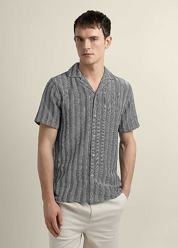 Larsson & Co Men's Black Twill Jacquard Stripe Short Sleeve Shirt In | Size: Xl - Image 4