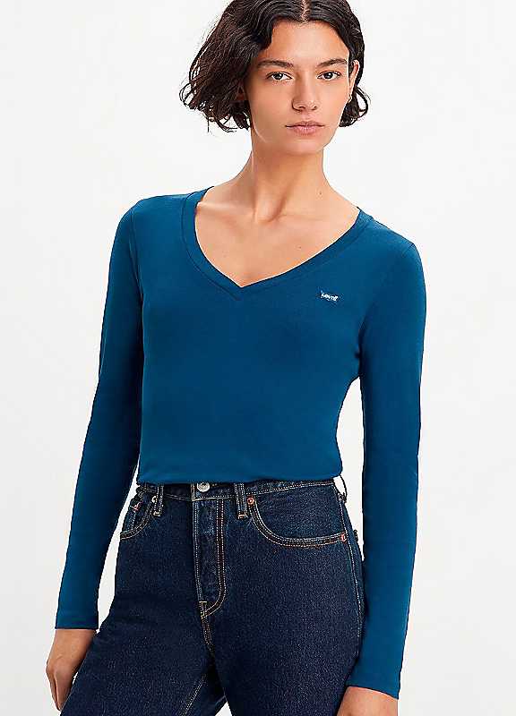 Levi's Blue Vneck Long Sleeve Top Extra Small