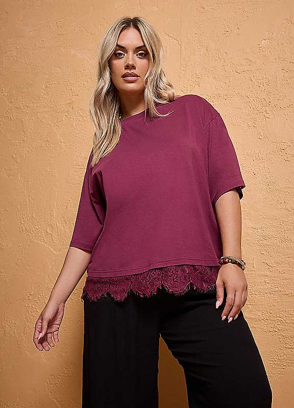 Yours Women's Burgundy Lace Hem T-Shirt In | Size: 26/28 - Image 7