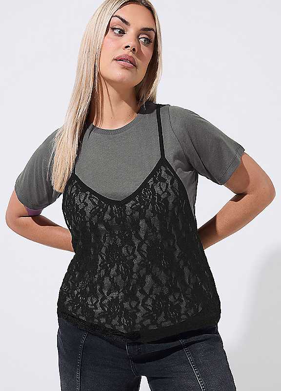 Yours Women's Grey Lace Cami T-Shirt In | : 26/28 - Image 8