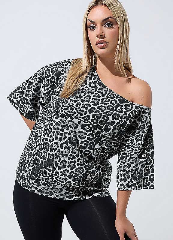 Yours Women's Leopard Print Off-Shoulder T-Shirt in Grey | Size: 20 - Image 6