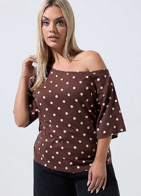 Yours Women's Polka Dot Off-Shoulder T-Shirt in Chocolate | Size: 10 - Image 5