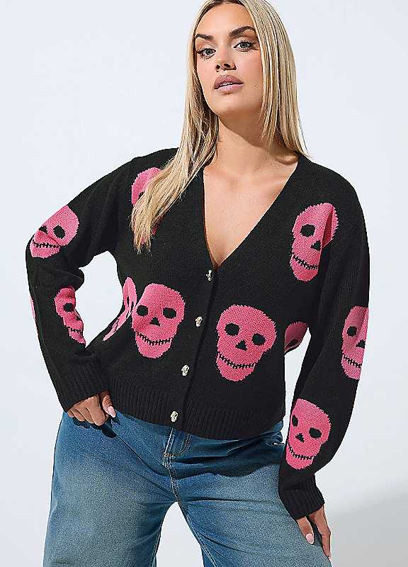 Yours Curve Women's Black Limited Skull Button Cardigan - Image 4