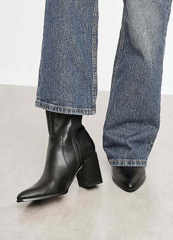 Linzi Black Advance Faux Stretch Leather Heeled Ankle Boots