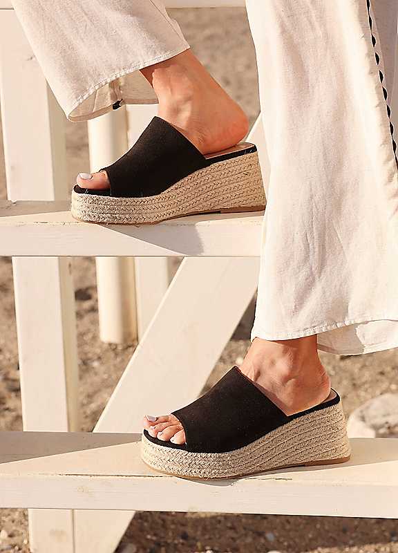 Linzi Black Espresso Espadrille Mule Wedges
