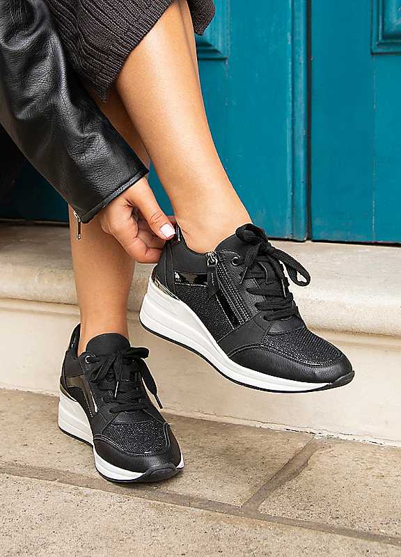 Linzi Women's Black Everett Glitter Wedged Trainers | Size: 4/Standard Fit - Image 3