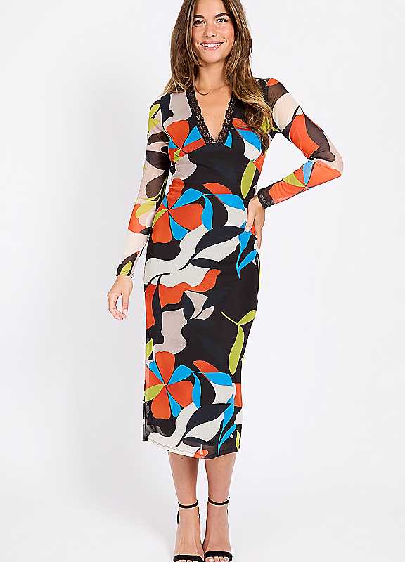 Little Mistress Multi Printed Mesh Midaxi Dress Size 10