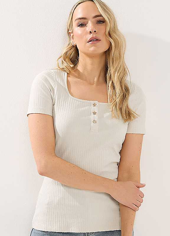 Long Tall Sally Women's Tall Button Ribbed T-Shirt in Ivory | Size: 20 - Image 4