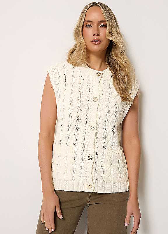 Long Tall Sally Women's Ivory Tall Cable Knit Button Vest Top In | Size: 22/24 - Image 3