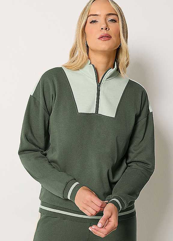 Long Tall Sally Women's Dark Olive Tall Colour Block Quarter Zip Sweatshirt In | Size: 18 - Image 3